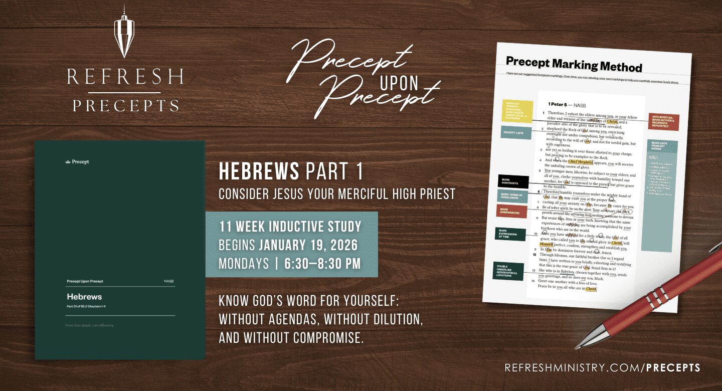 Bible study promotional flyer with book and notes.