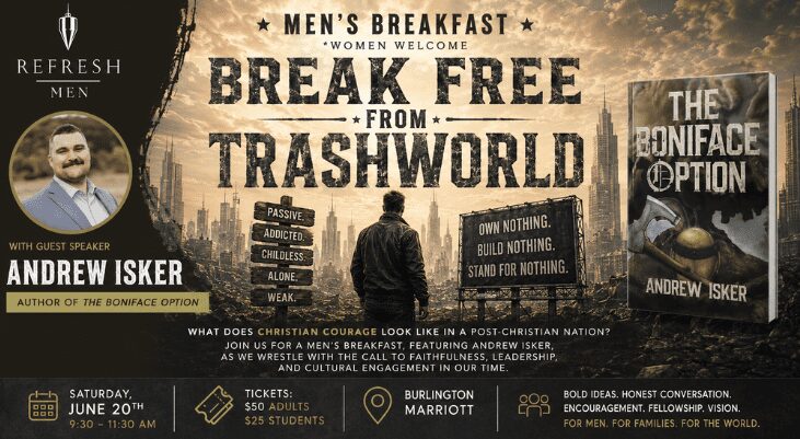 Men's breakfast poster: speaker and book imagery